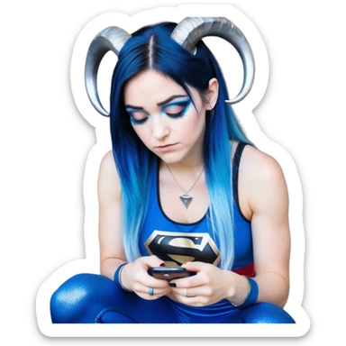 Disapponted-big tears-head back texting on phone-very very large upper body-sexy face-bending forward at waist-very long very straight dark blue to light blue ombre hair-and-blue eyes-thick black eyeliner-cute goat horns-iridescent blue lowcut tanktop with black leggings with glitter superman logo sticker