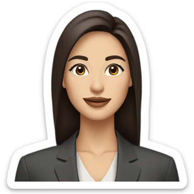 Beautiful woman with long dark brown hair, big almond shape brown eyes with long eyelashes, pretty smile with medium full lips, defined jawline, medium size nose, wearing a power suit sticker