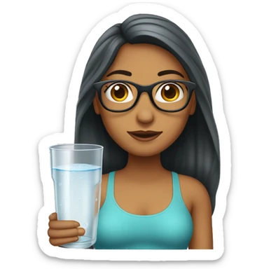 Mujer cabello castaño largo, piel pálida con lentes. con un vaso de agua pura para tomar. sticker