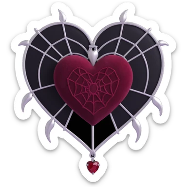 gothic heart, dark crimson velvet texture, silver spiderweb brooch, black feather accents, moody and rich sticker
