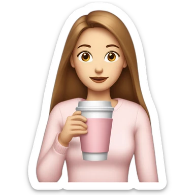 woman-with-pale-skin-and-brown-long-thin-straight-hair-wearing-a-white-woolly-shirt-drinking-coffee-from-a-light-pink-takeaway-cup-eyes-closed-b sticker