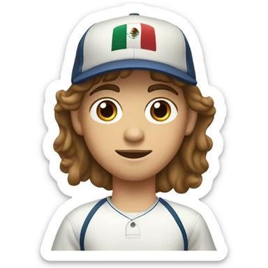 Teenager boy type mexican, White skin, with baseball cap backwards with wavy brown hair (Which go down behind to the nape of the neck), Little bit dezoom sticker