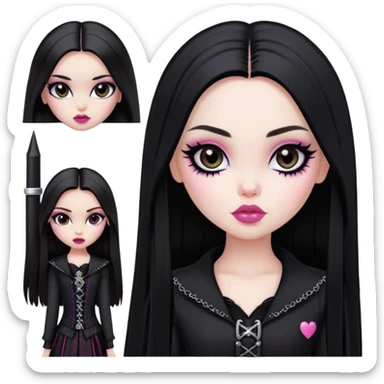 pretty bratz girl, black straight long hair, dark brown eyes, pink lips, black eyeliner, pale skin, black gothic clothes sticker