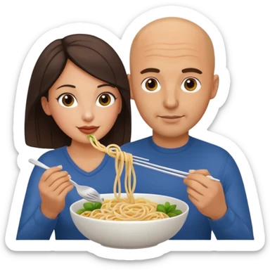 A handsome bald Italian feeding a brunette woman noodles sticker