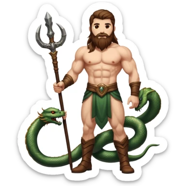 full body man long brown hair brown eyes medium beard white skin muscular build apple guardian with serpent staff sticker