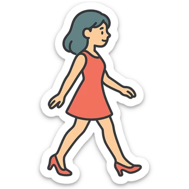 A girl walking from left to right, side view, wearing a short red dress and high heels, eastern style, thin clean outlines, soft rounded shapes, detailed drawing with shadows and highlights, pastel palette #98B5BC, #B5B3C1, #C9A3C9, #E4C0CA, #F7DCD1, #F7C0AA, modern Japanese pop art, soft lighting, transparent background, no extra decoration, focus on movement and elegance sticker