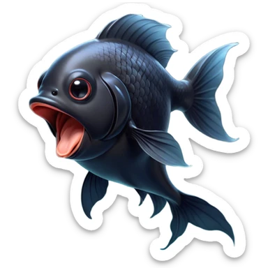 Cinematic Cute Yawning Black Goldfish Portrait Emoji, Head tilted slightly with a dramatic, wide-open yawn, showcasing a smooth, deep black body with elegant, flowing fins, eyes barely open in drowsy contentment, Simplified yet irresistibly adorable features, highly detailed, glowing with a soft, cozy glow, high shine, relaxed yet expressive, stylized with a touch of whimsy, bright and endearing, soft glowing outline, capturing the essence of a sleepy yet affectionate goldfish, so drowsy it feels like it could float out of the screen and curl up for a nap! sticker