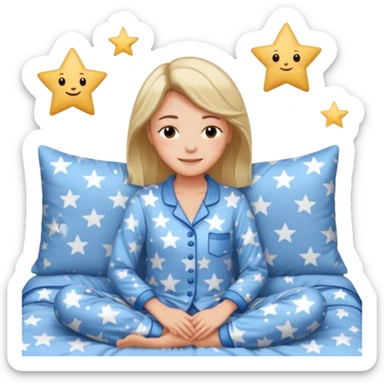  "type": "human",
      "look": "woman in star-print pyjamas, soft blue set, sleepy smile", sticker