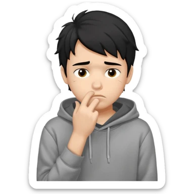 generate a pretty bratz fair skinned boy with messy black hair in a grey hoodie looking sad and bored with hand on chin sticker