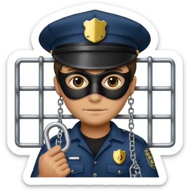 emoji of a thief in prison holding bars with a lock, police hat, chains, and a black mask, compact emoji format sticker
