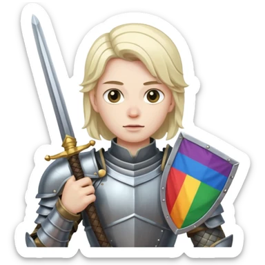 In armor and sword with dumb look on face Slack social justice warrior with pride flag sticker