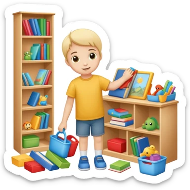 child tidying up their room, putting toys and books away, cheerful and organized sticker