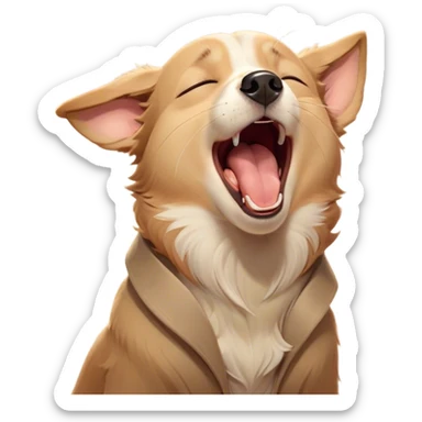 Cinematic Cute Yawning Domestic Dog Portrait Emoji, Head tilted slightly with a dramatic, wide-open yawn, showcasing a plush, inviting coat with gently drooping ears and half-closed, drowsy eyes, Simplified yet irresistibly adorable features, highly detailed, glowing with a soft, cozy glow, high shine, relaxed yet expressive, stylized with a dash of playful whimsy, soft glowing outline, capturing the essence of a sleepy yet affectionate dog that seems ready to stretch out for a nap! sticker