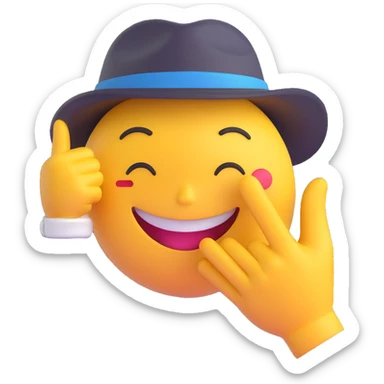 A smug-looking emoji with a wide, crooked grin and half-closed eyes, giving a cocky vibe, whilst mewing with his white hand pointing at his sharp jawline, showcasing a "sigma" look, wearing a hat. sticker