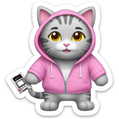 Cute gray stuffed cat playing with Nintendo Switch. This cat has a pink hoodie sticker
