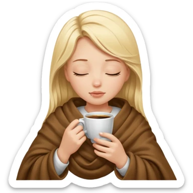 Blonde girl inside a blanket sipping coffee eyes closed sticker