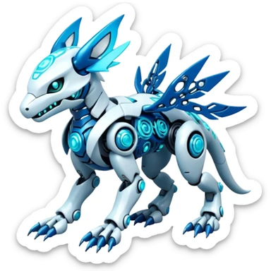 Futuristic mechanical modern badass cool shiny white with glowing cyan-blue animal Digimon Fakémon hybrid full body with intricate patterns sticker
