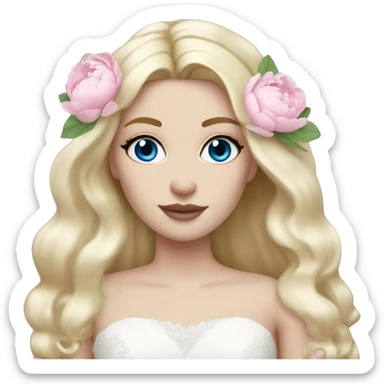 White bride with long light blonde hair and blue eyes with light pink peonies in hair white skin light pink lips sticker