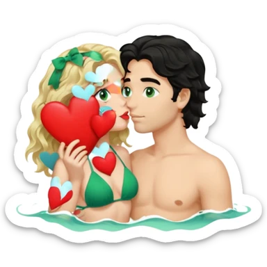 Blonde girl Green eyes wavy hair Green Bikini whole body Kissing man black Hair blue eyes Hearts in Body Background beach sticker