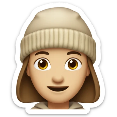 A person with medium-length brown hair, beige beanie, brown eyes, soft smile. No body only head, face. sticker