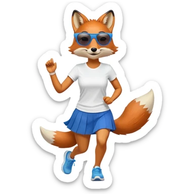 friendly anthropomorphised female fox in skirt and t-shirt, wearing dark sunglasses, jogging upright in relaxed pose sticker