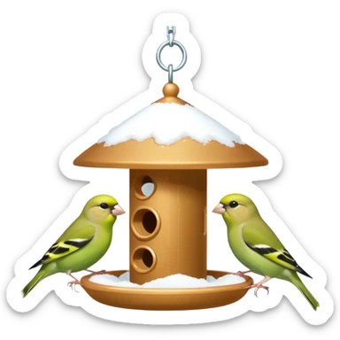 3 Green finch feeding on a bird feeder in the snow sticker