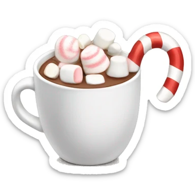 A hot chocolate with a candy cane and marshmallows sticker