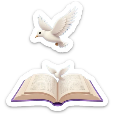 Create a dreamy, poetic emoji representing poetry. The design should feature several elegantly flying pages with short poetic columns written on them, surrounded by fluffy, soft clouds. White birds should be flying out from the clouds, creating a sense of freedom and inspiration. The pages and a white feather should symbolize creativity and poetic flow. Use pastel tones like light blues, purples, and creams for the pages and background, while the clouds should be soft and ethereal. The overall design should feel whimsical, serene, and full of poetic charm. Make the background transparent. sticker