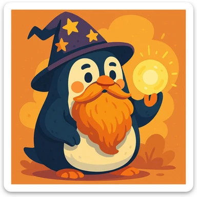 a chubby penguin wizard with a long beard, holding a glowing orb, in a charming and magical style sticker