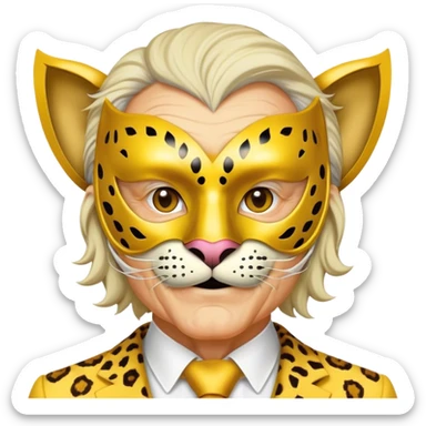 a fat old man, with a yellow suit,  wear half-face golden Leopard masquerade mask sticker