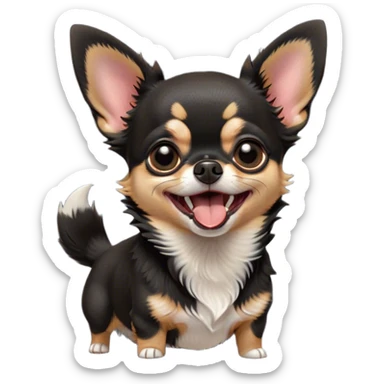 Cinematic Cute Yawning Black Tri Short Haired Chihuahua Portrait Emoji, Head tilted slightly with a dramatic, wide-open yawn, soft black tri-color fur with defined patches of white and tan, floppy ears slightly drooping, round dark eyes barely open in drowsy contentment, Simplified yet irresistibly adorable features, highly detailed, glowing with a soft, cozy glow, high shine, relaxed yet expressive, stylized with a touch of whimsy, bright and endearing, soft glowing outline, capturing the essence of a sleepy yet affectionate pup, so drowsy it feels like it could stretch right out of the screen and curl up for a nap! sticker