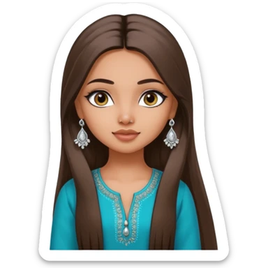generate a pretty bratz girl wearing a kurti, eyeliner on, long straight hair, silver jhumkas in ear sticker