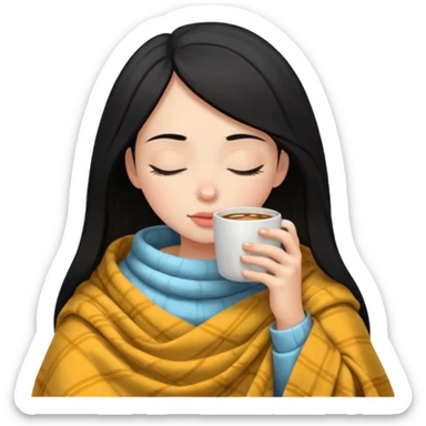 pale black haired girl inside a blanket sipping coffee eyes closed sticker