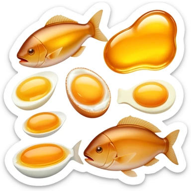 Animal sources of vitamin A: liver, egg yolks, cod liver oil, butter, and fatty fish glowing with a gentle golden aura. These foods emit a soft warm light representing their high content of preformed vitamin A (retinol). sticker