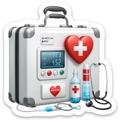 An icon featuring a medical suitcase with a red cross, a bottle of pills, a stethoscope, and a syringe, symbolizing medicine. The design includes a thermometer, bandages, and a heart monitor, representing healthcare and medical treatment. Transparent background highlights the science of healing. sticker