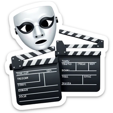 Icon for Acting in Theater and Movie: a stage with a spotlight and cinema, a film camera, a clapperboard and a dramatic mask. The design should represent both theatrical performance and cinematic art. Transparent background. sticker