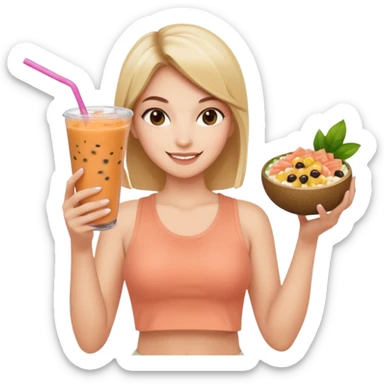 a young woman in a beige top and leggings and white sneakers with a passion fruit smoothie in one hand and a salmon poke bowl in the other hand sticker