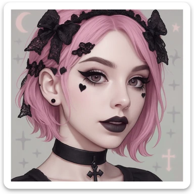 Make this pastel goth profile picture even more goth, keep it cute, expressive, and minimal, in the style of imagen-4-fast-KaUtLiSA10F. Enhance goth elements with pastel goth aesthetics, maintaining cuteness and expressiveness with minimalistic design. sticker