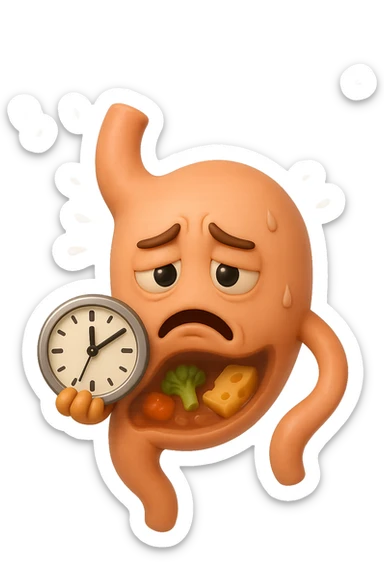EMOJI STILE IPHONE 3D DI UNo stomaco umano con espressione dolornate, ha del cibo visibile dentro che non sta digerendo. in mano tiene un orologio da muro, iperrealistico 4k sticker