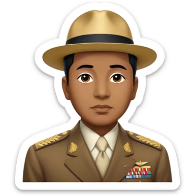 ​Cinematic Realistic Portrait of Sukarno, depicted in a lifelike, realistic style based on his iconic portrait, showcasing his thoughtful, charismatic expression in period attire, rendered with detailed textures and warm, evocative lighting that captures his pioneering spirit and national pride, sticker