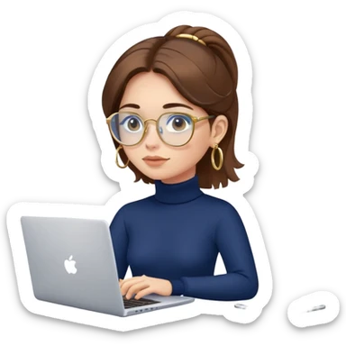 Girl with brown hair, navy blue turtleneck, gold hoop earrings, blue light glasses, working on laptop sticker