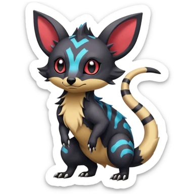  exotic cute epic gothic colorful Salandit-Eevee-Civet-species-Fakemon-hybrid-creature, with markings, full body sticker