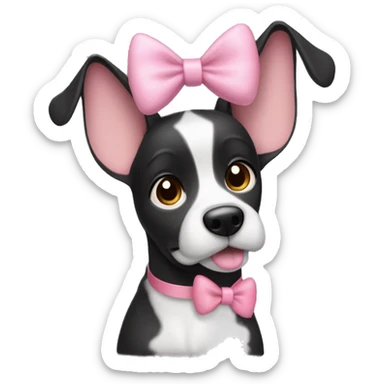 Hi please generate a black dog with big ears that are up and white around her nose and white eyebrows brown eyes and a cute pink bow sticker