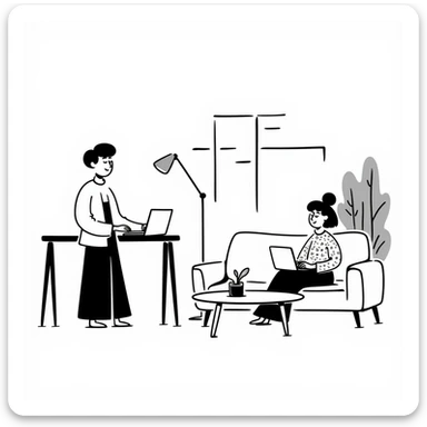 escenary 3d of a cozy mid-century living room with two people working on laptops, one man standing at a desk, and one woman sitting on a couch sticker
