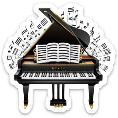 Create a sophisticated and celebratory emoji collage representing keyboard instruments, designed in the style of a coat of arms or crest. The design should feature a central, ornate grand piano with black and white keys, surrounded by a ribbon of musical notes. The ribbon should intertwine with a second ribbon made of black-and-white piano keys, creating a flowing, symmetrical pattern. Include delicate, elegant details such as the pedals of the grand piano, intricate woodwork, and the glossy, polished surface of the instrument. The musical notes should be swirling around the design in a harmonious, festive arrangement. Use gold, silver, and rich wood tones to evoke a sense of luxury and professionalism, with the black-and-white keys of the piano adding contrast. The background should remain transparent. sticker