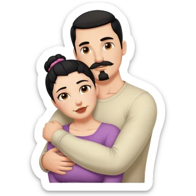 Tall strong white man with dark brown mustache goatee hugging a chubby short pale woman with black hair bun sticker
