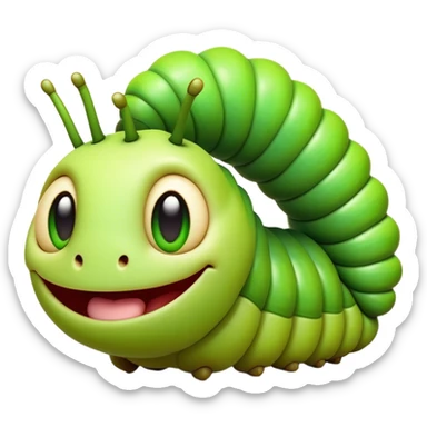Cinematic Realistic Comical Caterpillar Portrait Emoji, Head tilted dramatically with an exaggeratedly amused expression, featuring a strikingly detailed segmented body in vibrant green with bold natural banding and wide, expressive eyes full of playful disbelief, rendered with lifelike texture and vivid natural colors, high shine, dramatic yet playful, styled with an air of cheeky garden mischief, soft glowing outline, capturing the essence of a spirited and over‐the‐top caterpillar that looks ready to wiggle its way into viral fame! sticker