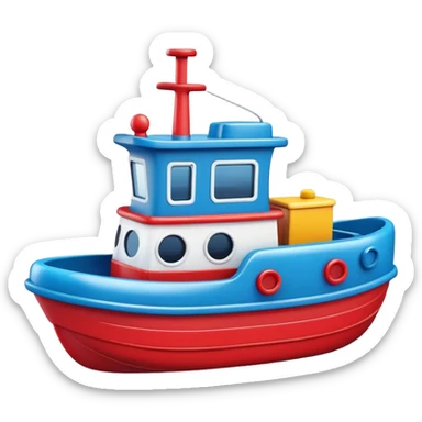 A colorful toy tugboat with a cute cheerful face and a red and blue body sticker