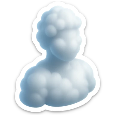 person made entirely of white fluffy convex clouds, shoulder up, front view, matte glass style sticker