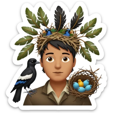 A man who has an Australian magpie, birds nest on top of his head for hair sticker